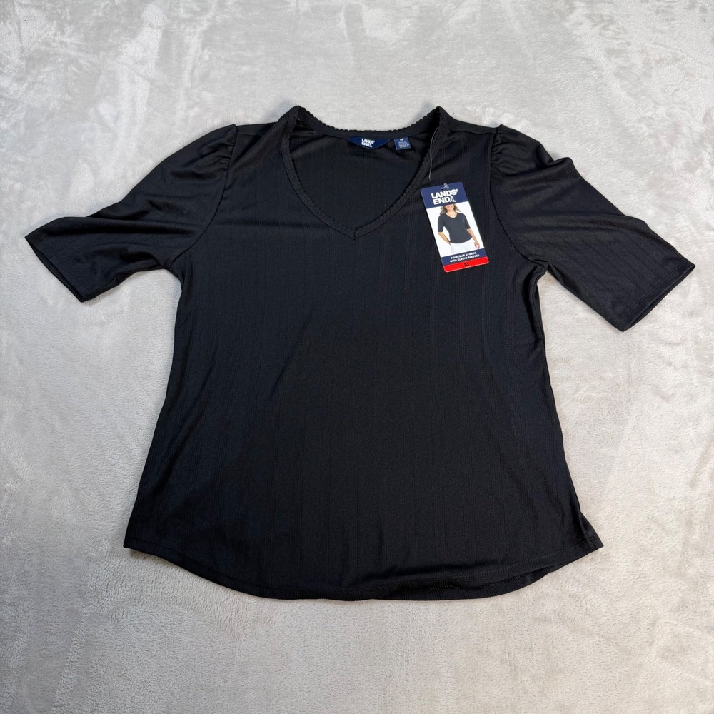 Lands End Pointelle V-Neck Top Womens Medium Black Elbow Sleeve Scalloped Trim